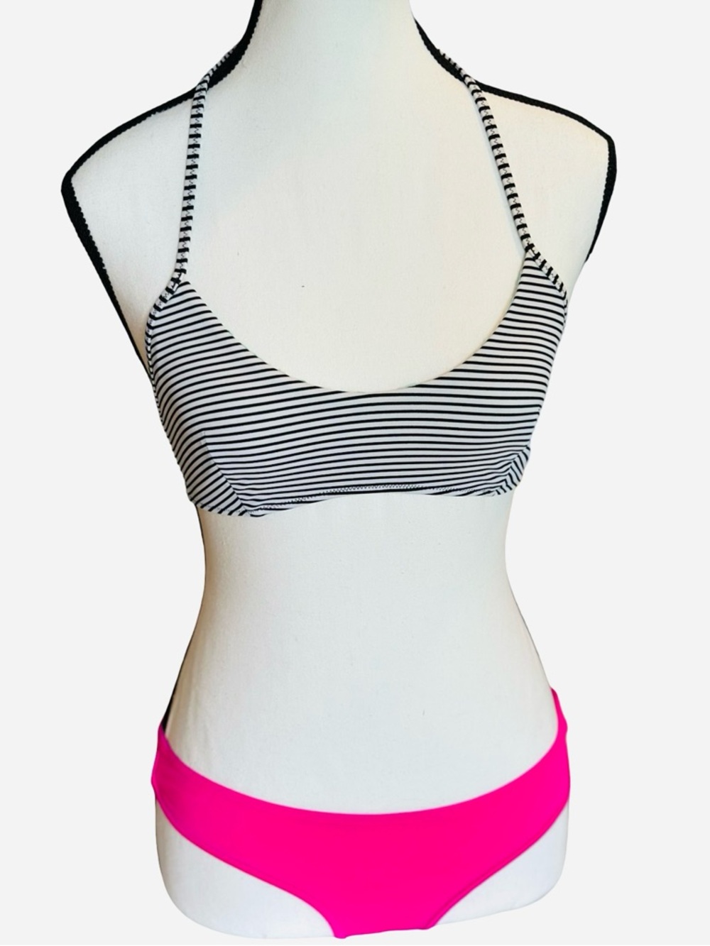 Victoria’s Secret Striped Black & White Bikini Top with Hot Pink Cheeky Bottom